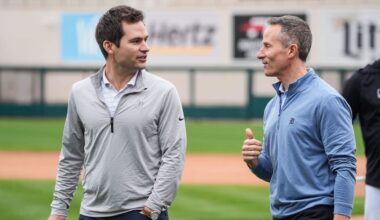 Detroit Tigers president of baseball operation Scott Harris talks to team owner Chris Ilitch during spring training at Joker Marchant Stadium in Lakeland, Fla. on Thursday, Feb. 20, 2025.
