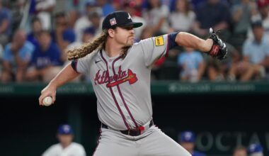 Jul 26, 2025; Arlington, Texas, USA; Atlanta Braves starting pitcher Grant Holmes (66) throws to the plate during the first inning against the Texas Rangers at Globe Life Field. Mandatory Credit: Raymond Carlin III-Imagn Images
