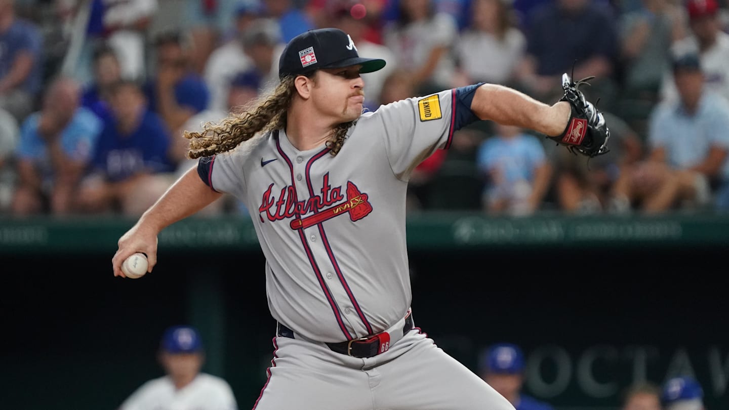 Jul 26, 2025; Arlington, Texas, USA; Atlanta Braves starting pitcher Grant Holmes (66) throws to the plate during the first inning against the Texas Rangers at Globe Life Field. Mandatory Credit: Raymond Carlin III-Imagn Images