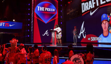 Jul 13, 2025; Atlanta, GA, USA; Tate Southisene is drafted by the Atlanta Braves with the 22nd pick during the first round of the MLB Draft at The Coca-Cola Roxy. Mandatory Credit: Brett Davis-Imagn Images