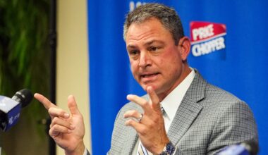 Nov 3, 2022; Kansas City, Missouri, USA; Kansas City Royals general manager J.J. Picollo talks with media during a press conference at Kauffman Stadium. Mandatory Credit: Jay Biggerstaff-Imagn Images