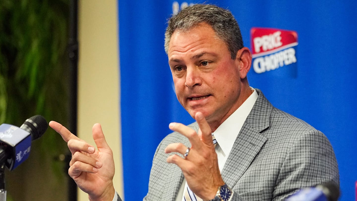 Nov 3, 2022; Kansas City, Missouri, USA; Kansas City Royals general manager J.J. Picollo talks with media during a press conference at Kauffman Stadium. Mandatory Credit: Jay Biggerstaff-Imagn Images