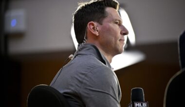 Dec 9, 2024; Dallas, TX, USA; Boston Red Sox chief baseball officer Craig Breslow speaks with the media at the Hilton Anatole during the 2024 MLB Winter Meetings.