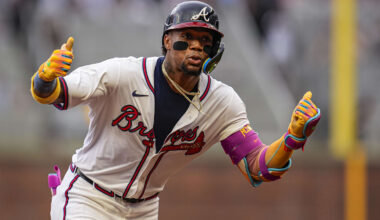Jun 18, 2025; Cumberland, Georgia, USA; Atlanta Braves right fielder Ronald Acuna Jr (13) reacts after hitting a lead-off home run against the New York Mets during the first inning at Truist Park. Mandatory Credit: Dale Zanine-Imagn Images