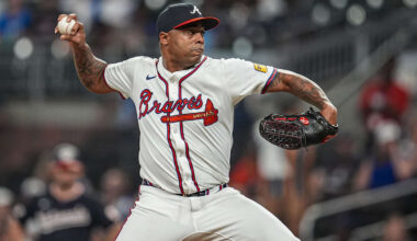 Sep 23, 2025; Cumberland, Georgia, USA; Atlanta Braves relief pitcher Raisel Iglesias (26)  pitches against the Washington Nationals during the ninth inning at Truist Park.