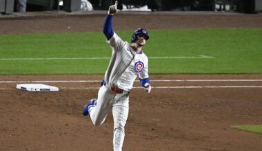 Oct 9, 2025; Chicago, Illinois, USA; Chicago Cubs right fielder Kyle Tucker (30) reacts after hitting a home run against the Milwaukee Brewers during the seventh inning in game four of the NLDS round for the 2025 MLB playoffs at Wrigley Field. Mandatory Credit: Matt Marton-Imagn Images