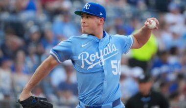 Jul 26, 2025; Kansas City, Missouri, USA; Kansas City Royals starting pitcher Kris Bubic (50) delivers a pitch against the Cleveland Guardians during the first inning at Kauffman Stadium. Mandatory Credit: Denny Medley-Imagn Images