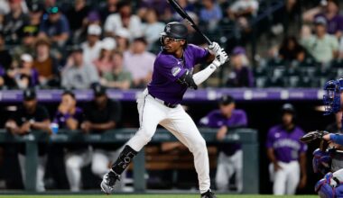 Jun 17, 2024; Denver, Colorado, USA; Colorado Rockies pinch hitter Greg Jones (2) at bat in the ninth inning against the Los Angeles Dodgers at Coors Field. Mandatory Credit: Isaiah J. Downing-Imagn Images
