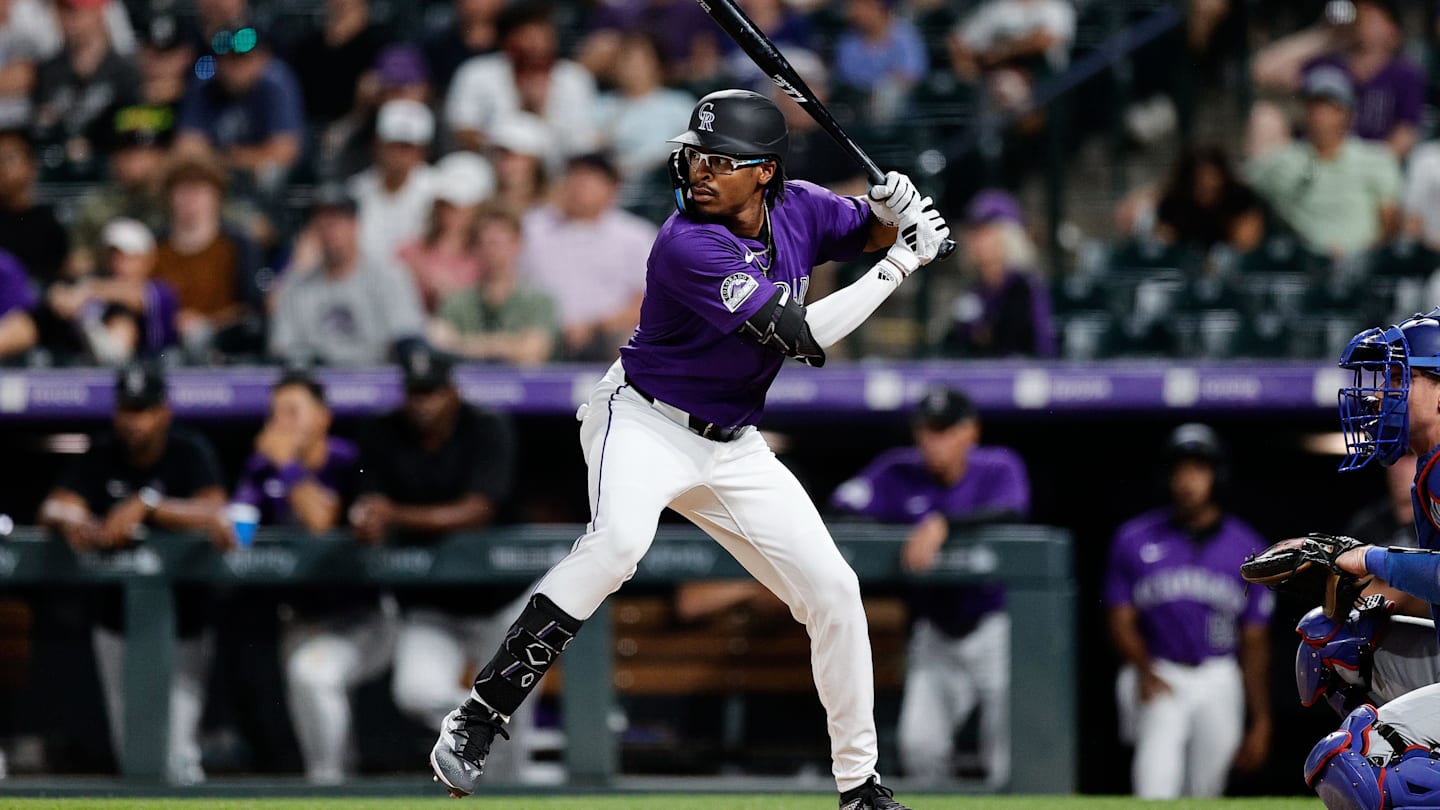 Jun 17, 2024; Denver, Colorado, USA; Colorado Rockies pinch hitter Greg Jones (2) at bat in the ninth inning against the Los Angeles Dodgers at Coors Field. Mandatory Credit: Isaiah J. Downing-Imagn Images