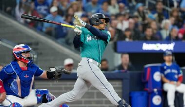Oct 13, 2025; Toronto, Ontario, CAN; Seattle Mariners infielder Jorge Polanco (7) hits a three run home run in the fifth inning against the Toronto Blue Jays during game two of the ALCS round for the 2025 MLB playoffs at Rogers Centre. Mandatory Credit: Nick Turchiaro-Imagn Images