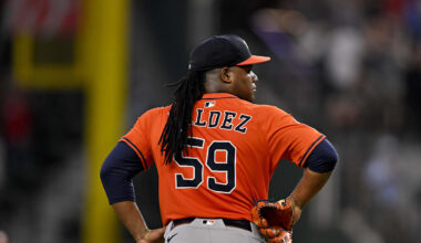 Sep 7, 2025; Arlington, Texas, USA; Houston Astros starting pitcher Framber Valdez (59) looks on after he allows a home run against the Texas Rangers during the sixth inning at Globe Life Field. Mandatory Credit: Jerome Miron-Imagn Images