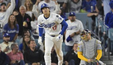 Oct 17, 2025; Los Angeles, California, USA; Los Angeles Dodgers two-way player Shohei Ohtani (17) runs on a solo home run as Milwaukee Brewers catcher William Contreras (24) reacts during the fourth inning of game four of the NLCS round for the 2025 MLB playoffs at Dodger Stadium. Mandatory Credit: Jayne Kamin-Oncea-Imagn Images