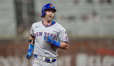 Aug 23, 2025; Cumberland, Georgia, USA; New York Mets second baseman Jeff McNeil (1) reacts after hitting a home run against the Atlanta Braves during the ninth inning at Truist Park. Mandatory Credit: Dale Zanine-Imagn Images