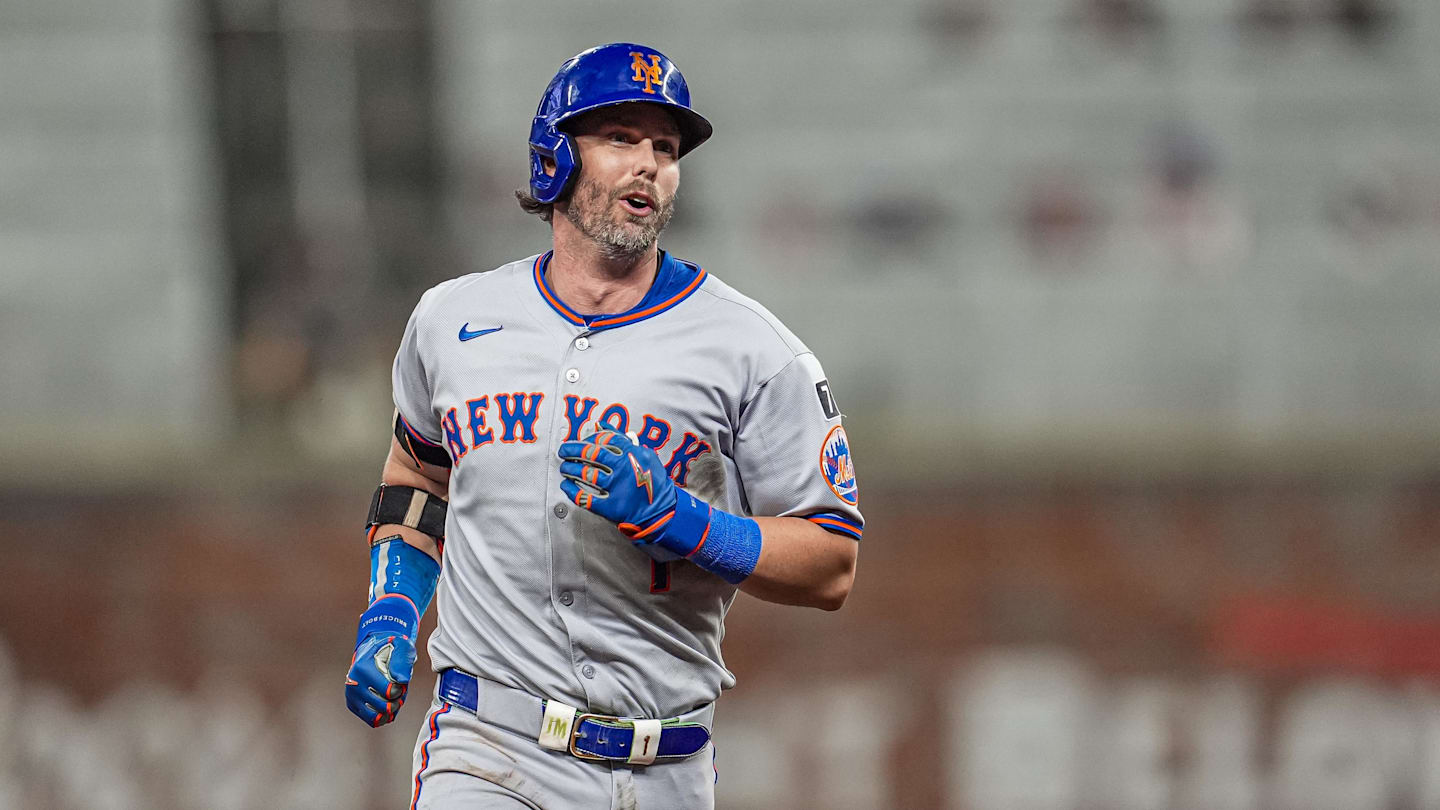 Aug 23, 2025; Cumberland, Georgia, USA; New York Mets second baseman Jeff McNeil (1) reacts after hitting a home run against the Atlanta Braves during the ninth inning at Truist Park. Mandatory Credit: Dale Zanine-Imagn Images