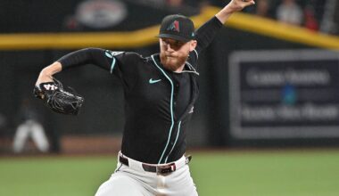 Aug 18, 2025; Phoenix, Arizona, USA; Arizona Diamondbacks pitcher Kyle Backhus (43) throws in the ninth inning against the Cleveland Guardians at Chase Field.