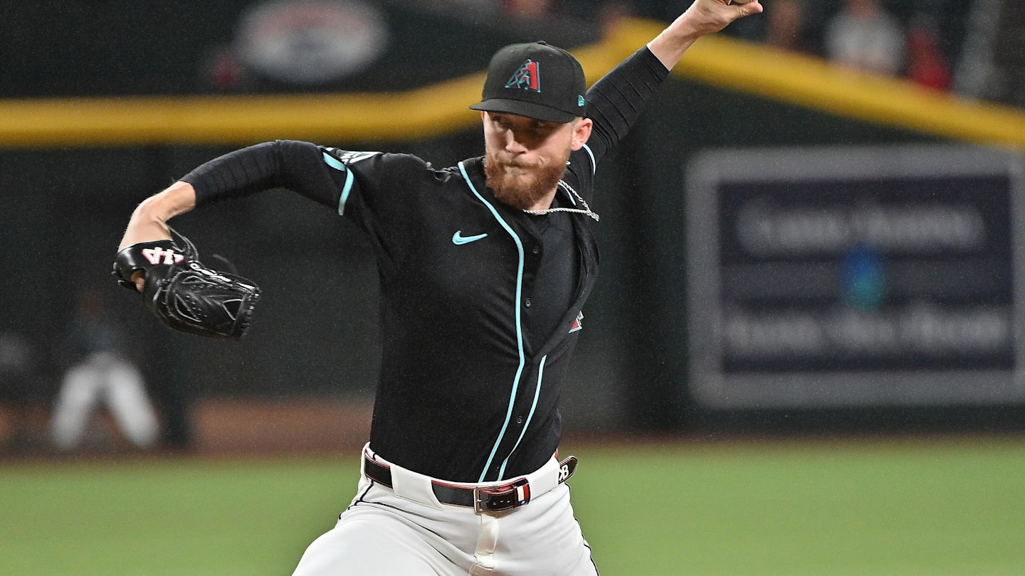 Aug 18, 2025; Phoenix, Arizona, USA; Arizona Diamondbacks pitcher Kyle Backhus (43) throws in the ninth inning against the Cleveland Guardians at Chase Field.