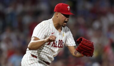 Sep 13, 2025; Philadelphia, Pennsylvania, USA; Philadelphia Phillies pitcher Jhoan Duran (59) reacts after a strikeout to end the game with a win against the Kansas City Royals at Citizens Bank Park.