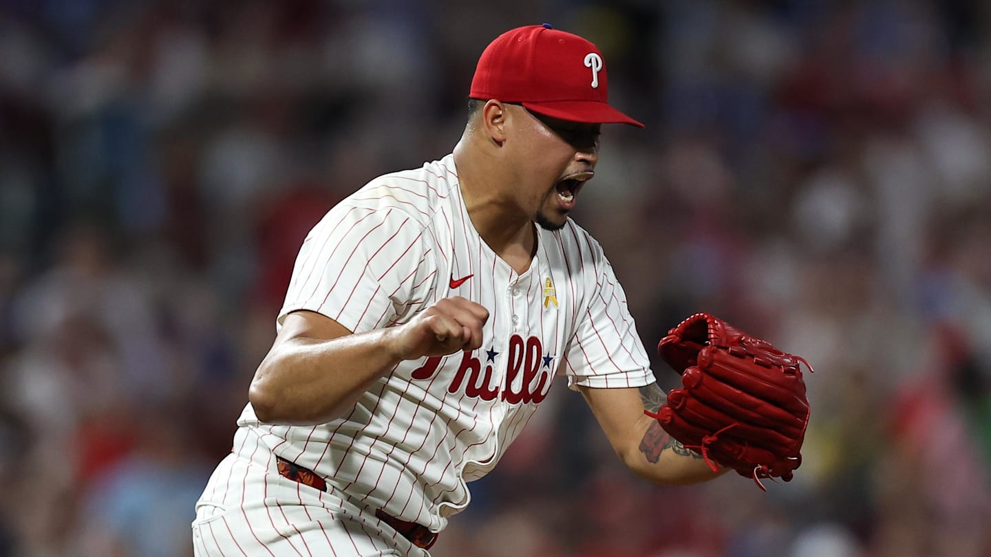 Sep 13, 2025; Philadelphia, Pennsylvania, USA; Philadelphia Phillies pitcher Jhoan Duran (59) reacts after a strikeout to end the game with a win against the Kansas City Royals at Citizens Bank Park.