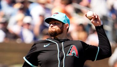 Arizona Diamondbacks pitcher Jordan Montgomery throws to the Colorado Rockies in the third inning during a spring training game at Salt River Fields in Phoenix on March 19, 2025.