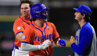 Florida infielder Brendan Lawson (11) reacts to scoring during the ninth inning of an NCAA college baseball matchup Tuesday, March 25, 2025 at VyStar Ballpark in Jacksonville, Fla. FSU rallied to defeat UF 8-4 off a walk-off grand slam from Alex Lodise in the ninth inning. [Corey Perrine/Florida Times-Union]