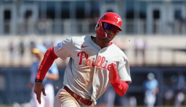 Feb 25, 2025; Port Charlotte, Florida, USA;  Philadelphia Phillies outfielder Justin Crawford (80) runs home to score against the Tampa Bay Rays during the fourth inning at Charlotte Sports Park. Mandatory Credit: Kim Klement Neitzel-Imagn Images