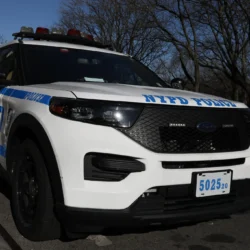 NYPD officers patrol Bed-Stuy, Brooklyn, March 27, 2025. Photo: Alex Krales/THE CITY
