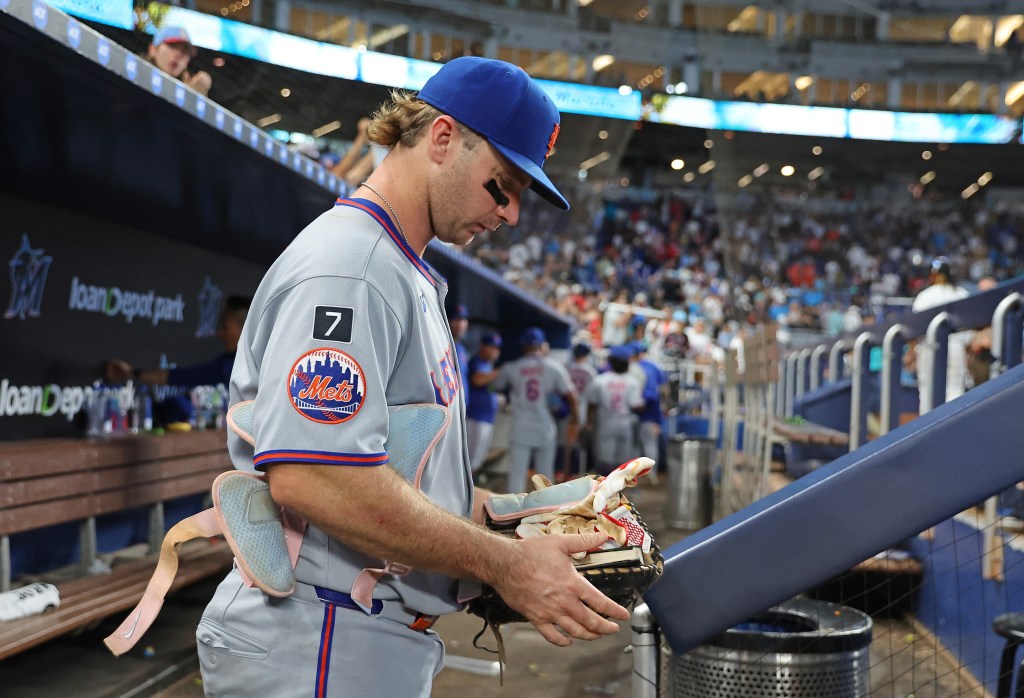 Pete Alonso in the dugout after the New York Mets lost to the Miami Marlins 4-0.