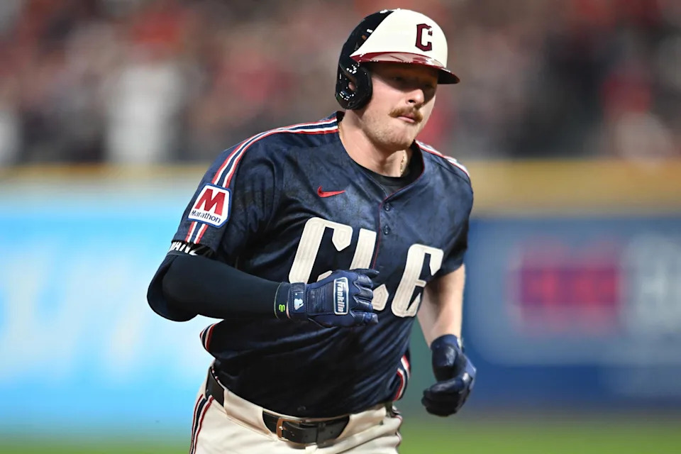 Sep 26, 2025; Cleveland, Ohio, USA; Cleveland Guardians designated hitter Kyle Manzardo (9) rounds the bases after hitting a home run against the Texas Rangers during the first inning at Progressive Field. Mandatory Credit: Ken Blaze-Imagn Images