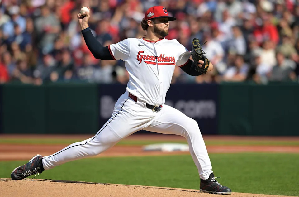 Oct 2, 2025; Cleveland, Ohio, USA; Cleveland Guardians pitcher Slade Cecconi (44) throws in the first inning against the Detroit Tigers during game three of the Wildcard round for the 2025 MLB playoffs at Progressive Field. Mandatory Credit: Ken Blaze-Imagn Images