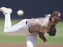 San Diego Padres starting pitcher Dylan Cease works against a Boston Red Sox batter during a game earlier this year.