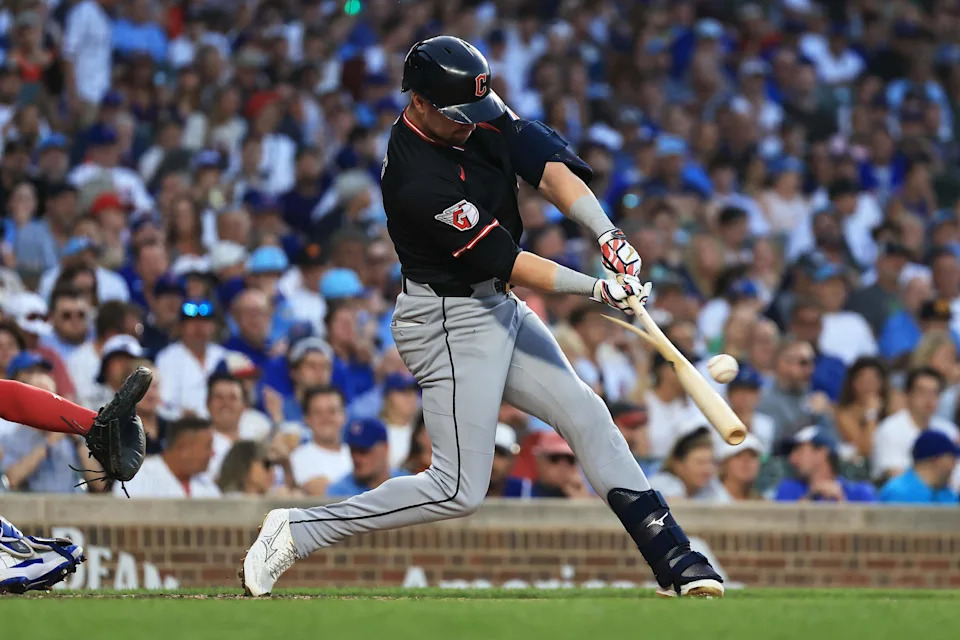 Cleveland Guardians outfielder Lane Thomas breaks his bat during the fourth inning of a game against the Cubs at Wrigley Field in Chicago on July 3, 2025.