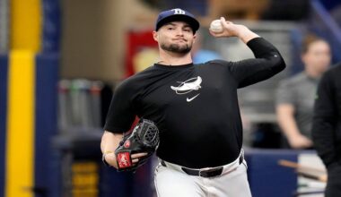 FILE - Tampa Bay Rays pitcher Shane McClanahan throws in the bullpen before a baseball game between the Rays and the Baltimore Orioles Aug. 10, 2024, in St. Petersburg, Fla. (AP Photo/Chris O'Meara, File)