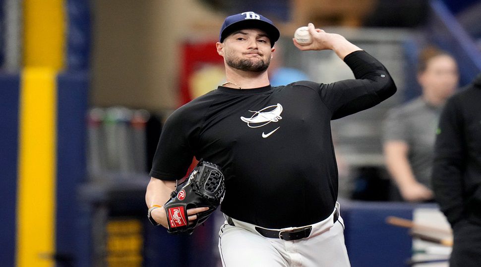 FILE - Tampa Bay Rays pitcher Shane McClanahan throws in the bullpen before a baseball game between the Rays and the Baltimore Orioles Aug. 10, 2024, in St. Petersburg, Fla. (AP Photo/Chris O'Meara, File)