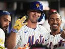 New York Mets' Pete Alonso celebrates his three-run home run during sixth inning at this year's MLB baseball All-Star game.