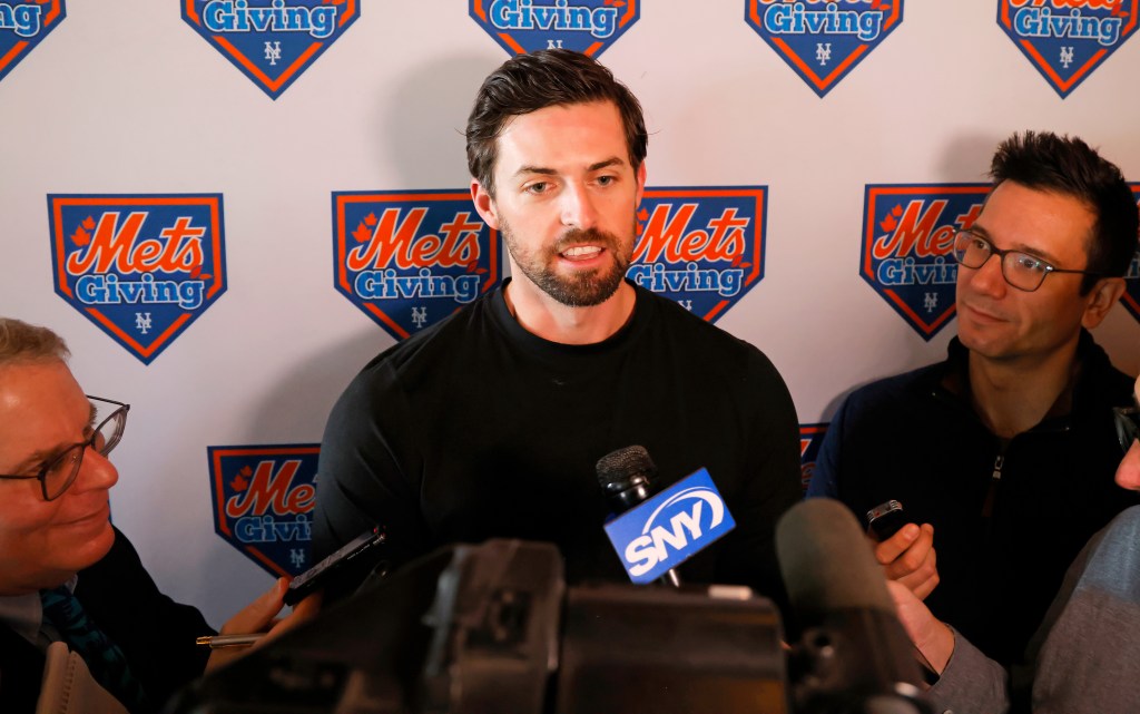 Clay Holmes speaking at the New York Mets Annual Kids Holiday Party.