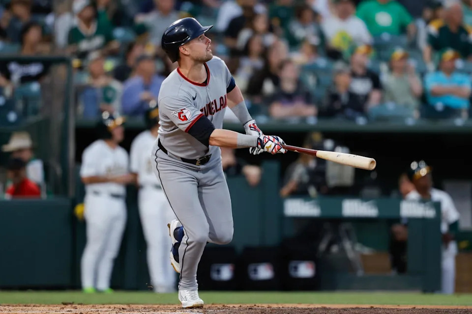 Jun 20, 2025; West Sacramento, California, USA; Cleveland Guardians center fielder Lane Thomas (8) bats during the game against the Athletics at Sutter Health Park. Mandatory Credit: Sergio Estrada-Imagn Images