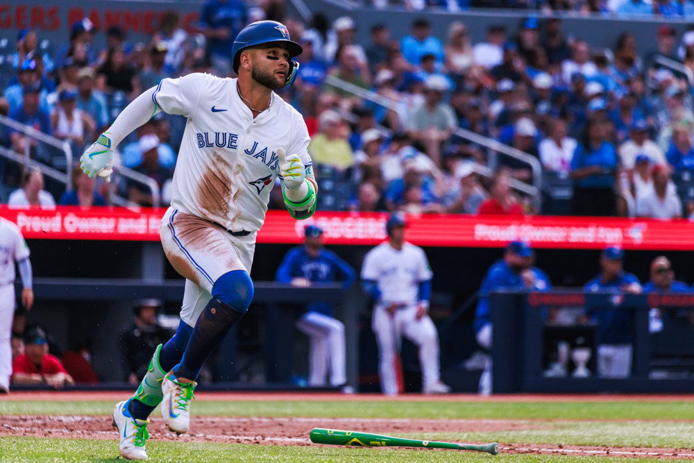 TORONTO, ON - AUGUST 16: Toronto Blue Jays infielder Bo Bichette (11) is seen running in the bottom of the sixth inning of an MLB game between the Texas Rangers and the Toronto Blue Jays on August 16, 2025, at Rogers Centre in Toronto, ON. (Photo by Mathew Tsang/Icon Sportswire)