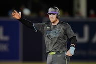 Tampa Bay Rays' Danny Jansen celebrates his RBI double off Atlanta Braves pitcher Pierce...