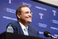Rangers President of Baseball Operations Chris Young answers questions during a press...