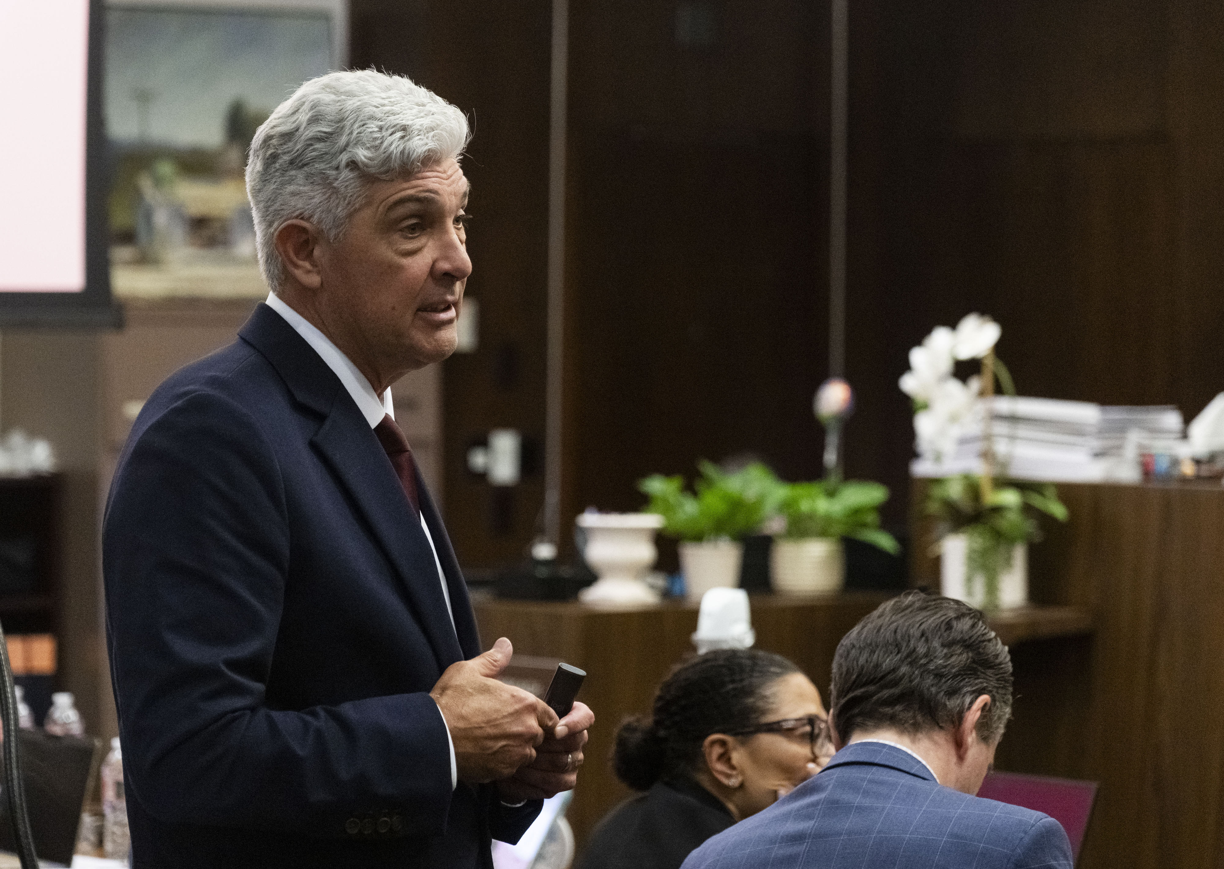 Angel attorney Todd Theodora gives his closing arguments on Monday,...