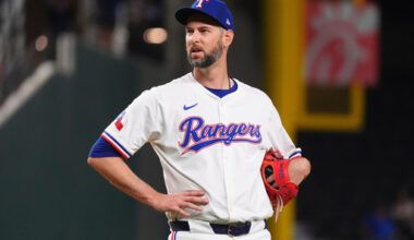 FILE - Texas Rangers pitcher Chris Martin stands on the mound just before leaving a baseball game against the Colorado Rockies, May 13, 2025, in Arlington, Texas. (AP Photo/LM Otero, File)