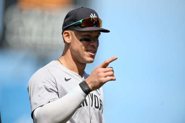 Aaron Judge #99 of the New York Yankees smiles after a 7-5 win over the San Francisco Giants at Oracle Park on June 2, 2024 in San Francisco, California. (Photo by Brandon Vallance/Getty Images)