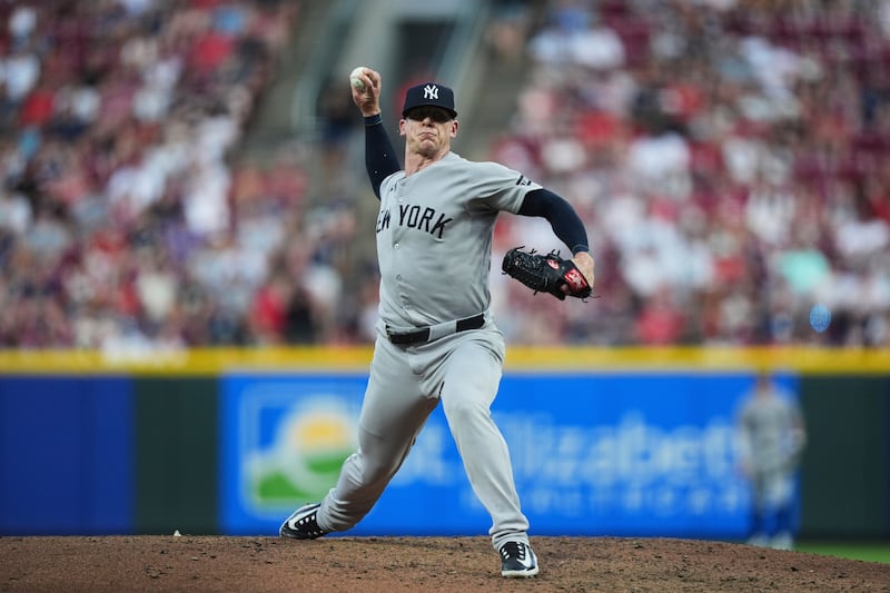 New York Yankees relief pitcher Ian Hamilton delivers during the fifth inning of a baseball game against the Cincinnati Reds, Monday, June 23, 2025, in Cincinnati. (AP Photo/Joshua A. Bickel)