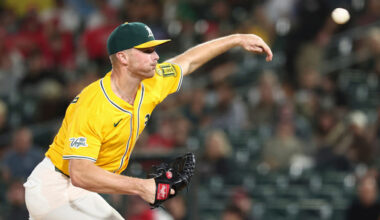 FILE - Athletics pitcher Sean Newcomb throws against the Cincinnati Reds during the ninth inning of a baseball game Friday, Sept. 12, 2025, in West Sacramento, Calif. (AP Photo/Sara Nevis, File)