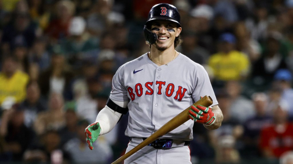 Boston Red Sox left fielder Jarren Duran (16) smiles after getting hit by a pitch during the ninth inning against the Athletics at Sutter Health Park. Mandatory Credit: Sergio Estrada-Imagn Images