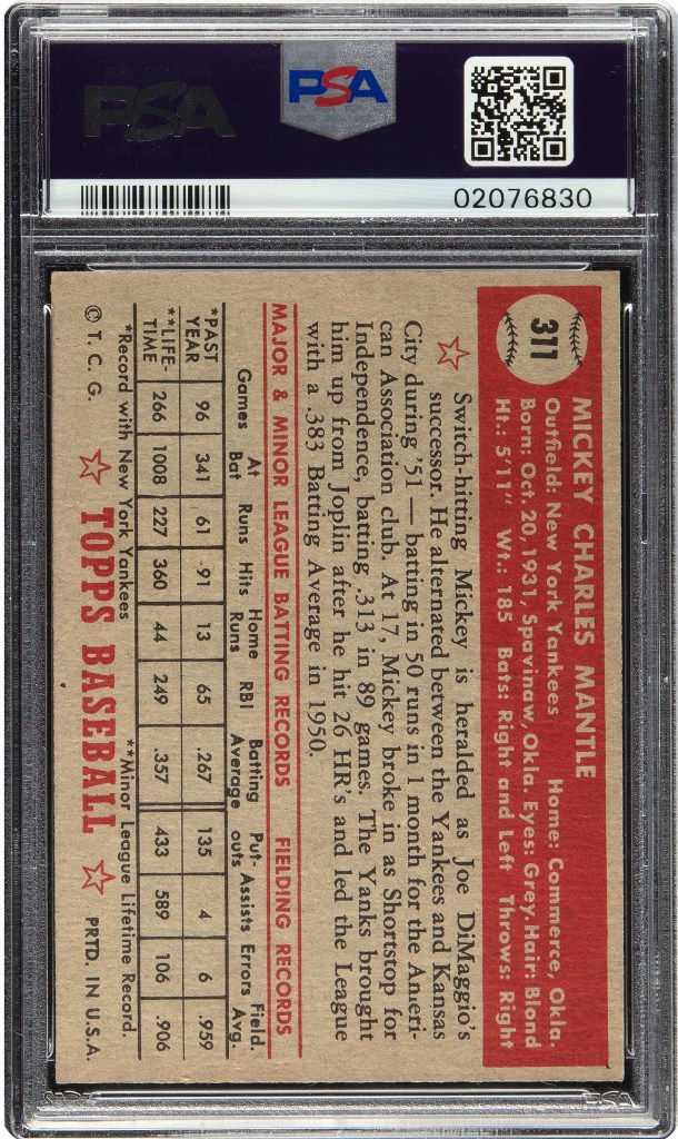 Back of a 1952 Topps Mickey Mantle baseball card.