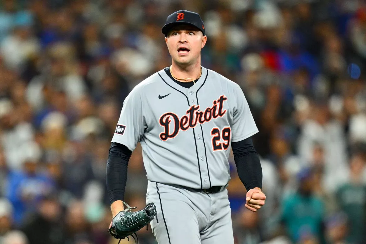 Detroit Tigers starting pitcher Tarik Skubal celebrates