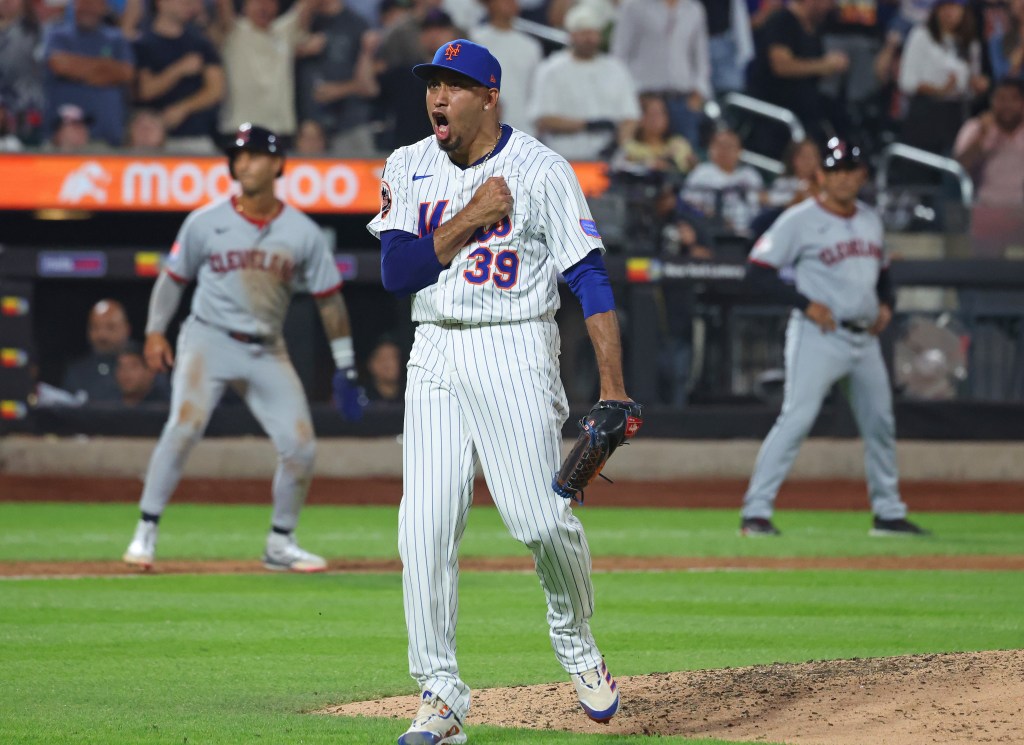 New York Mets pitcher Edwin Díaz (39) reacts to closing the ninth inning when the New York Mets played the Cleveland Guardians Monday, August 4, 2025 at Citi Field in Queens, NY. 