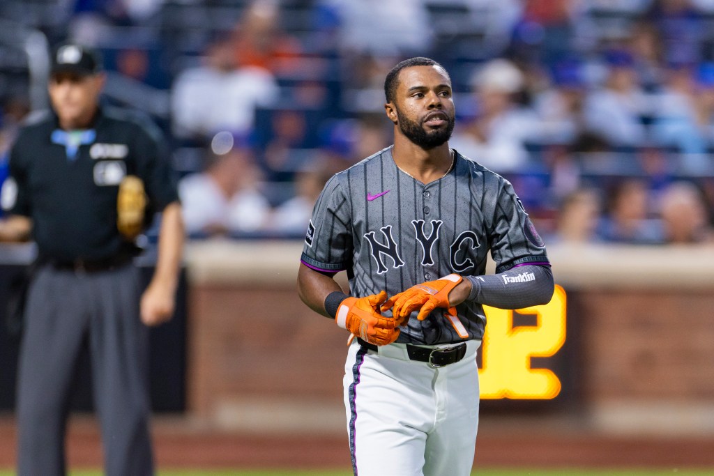 New York Mets Cedric Mullins (28) strikes out in the eighth inning against the Texas Rangers at Citi Field, Saturday, Sept. 13, 2025, in Queens, NY. 
