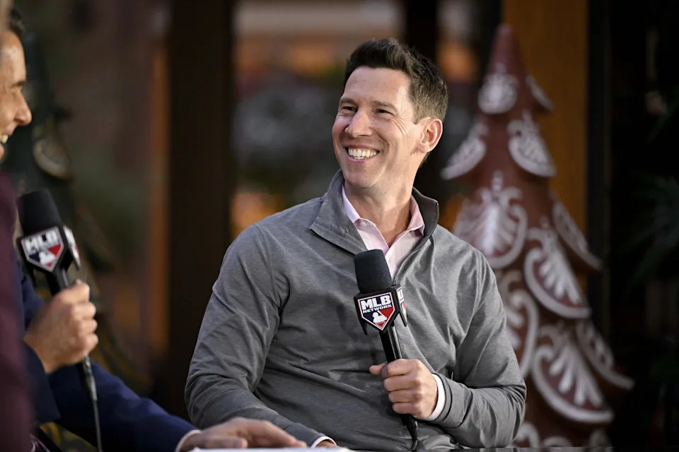 Dec 9, 2024; Dallas, TX, USA; Boston Red Sox chief baseball officer Craig Breslow speaks with the media at the Hilton Anatole during the 2024 MLB Winter Meetings. (Jerome Miron/Imagn Images)